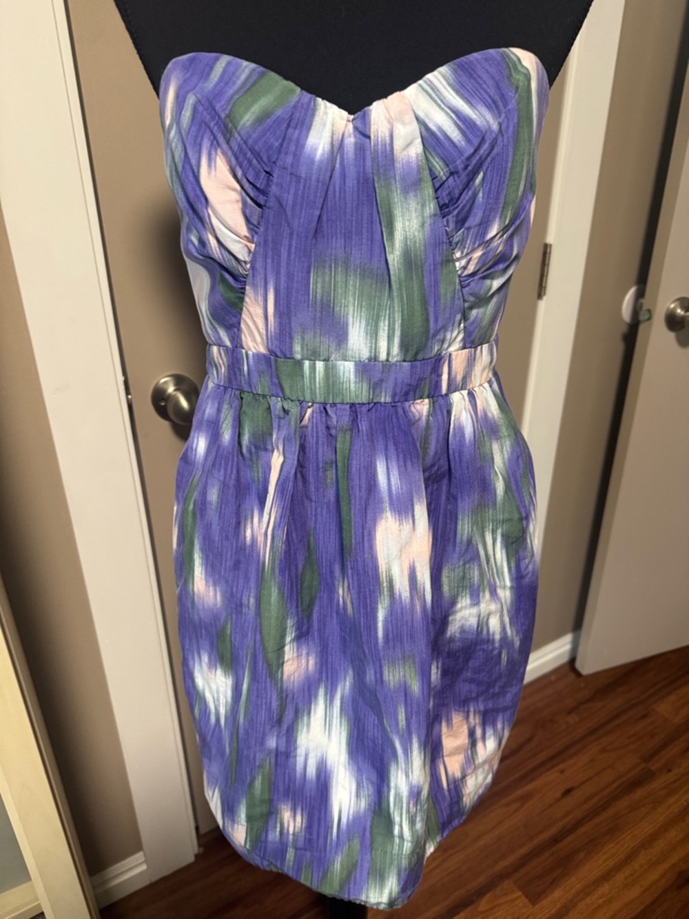 Shoshanna Strapless Sweetheart Mini Dress in Purple, Green & Pale Pink